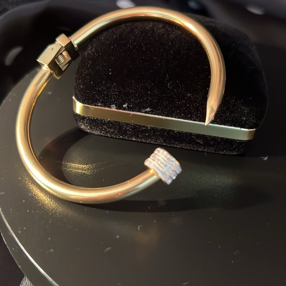 Gold Nail Clamper Bangle Bracelet With Pave Crystal Rhinestones - Picture 5 of 6